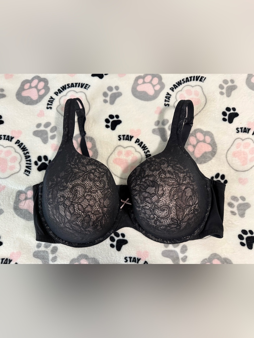 Black Lace Underwire Bra with Light Pink Accent - 44F